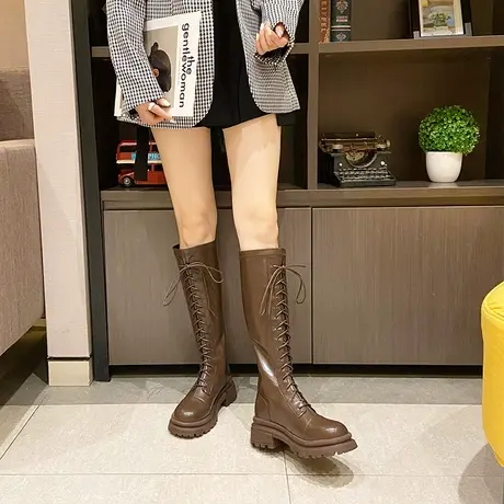 不过膝系带长靴女粗跟2022年秋冬季新款时尚小个子百搭长筒瘦瘦靴商品大图