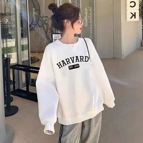 白色字母卫衣女春秋新款大码胖mm加绒加厚休闲圆领长袖外套200斤商品大图