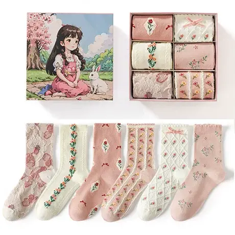 中筒袜子女秋冬棉袜日系浅粉色礼盒装少女学生可爱配小皮鞋乐福鞋商品大图