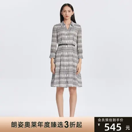 朗姿春简约格纹印花连衣裙休闲日常穿搭中长裙图片