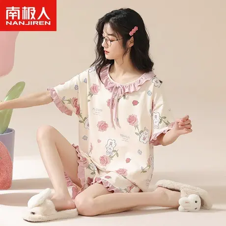南极人睡衣女夏季纯棉短袖短裤套装2023年新款玫瑰小兔少女家居服图片