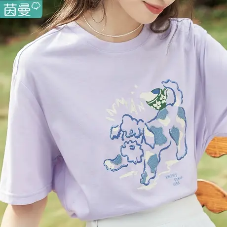 茵曼旗舰店凉感趣味刺绣圆领T恤女2023夏季新款宽松短袖落肩上衣图片