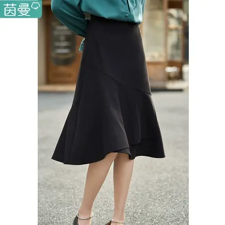 茵曼旗舰店不规则黑色半身裙2023早春新款法式高腰气质鱼尾裙子图片