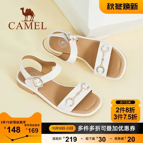 骆驼女鞋夏季新款真皮低跟平底一字带凉鞋女羊皮时装凉鞋女图片