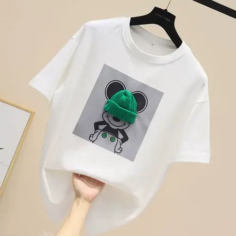 2023夏季新款绿色小帽子白色短袖T恤女士卡通印花磨毛体恤内搭潮商品大图