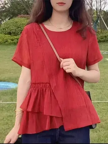 2023新款夏季短袖时尚设计感不规则减龄宽松拼接裙摆圆领打底上衣商品大图