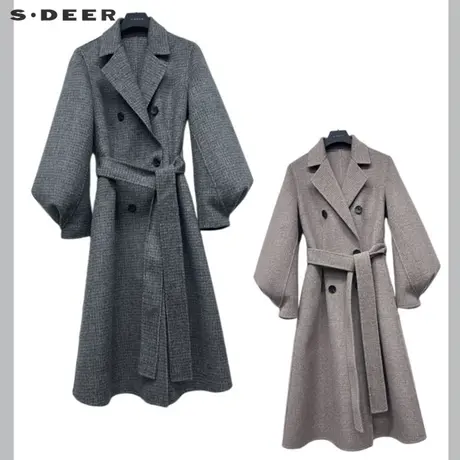 【直播间专属】sdeer圣迪奥西装领格纹收腰毛呢长款大衣S224Z2524图片