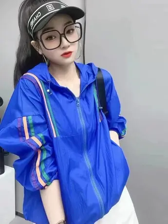 2023夏季新款防晒衣薄款透气三条杠连帽防晒外套女拉链开衫百搭潮商品大图