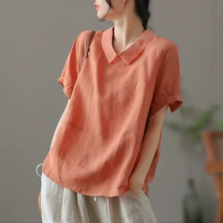 dza 复古高端亚麻上衣女士短袖衬衫夏气质纯色薄款棉麻娃娃领衬衣商品大图