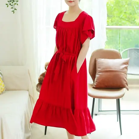 胖妹妹夏季2023新品荷叶袖法式方领连衣裙大码微胖玫瑰色宽松长裙图片