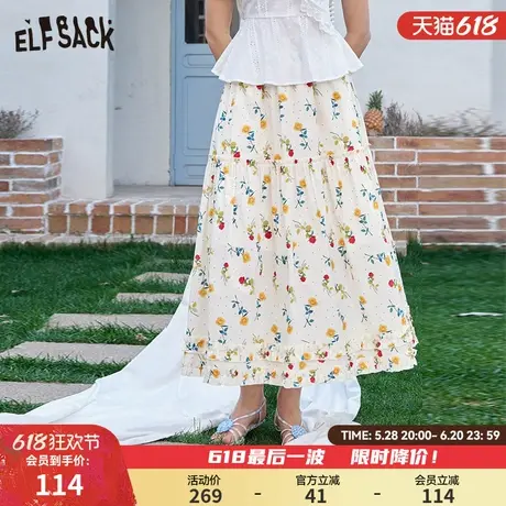 妖精的口袋玫瑰印花a字半身裙女2025年夏季新款清新减龄伞裙长裙图片