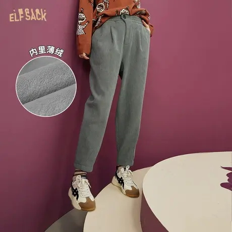 妖精的口袋灰色灯芯绒裤子女2022秋冬季新款奶奶裤加绒九分直筒裤图片