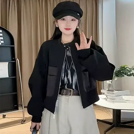 欧货春装新款休闲百搭复古短外套洋气设计感立领小个子女夹克上衣商品大图
