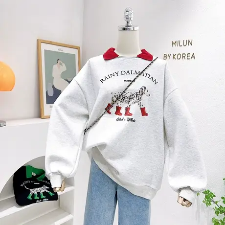 韩国东大门上衣2023年春季新款洋气时髦斑点狗撞色Polo领卫衣欧货图片