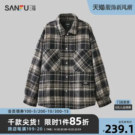 三福2023冬男士复古格子长棉衣 时尚贴标宽松翻领外套男472752图片