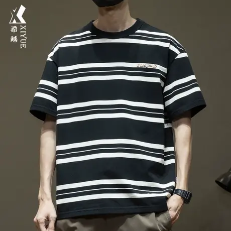 美式黑白条纹短袖t恤夏季2025新款宽松大码潮流男士拼色五分半袖商品大图