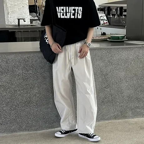 美式松紧腰弯刀休闲裤男夏季松弛感直筒宽松米白色阔腿裤垂感长裤商品大图