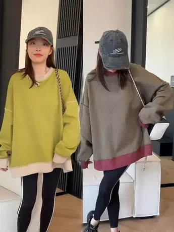 小众设计感慵懒风拼色卫衣女秋季新款宽松百搭两面穿圆领长袖上衣商品大图