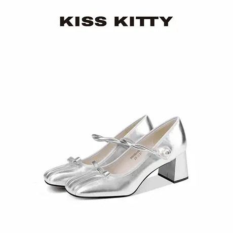KISSKITTY银色玛丽珍鞋女款2025新款复古增高粗跟单鞋女小皮鞋商品大图