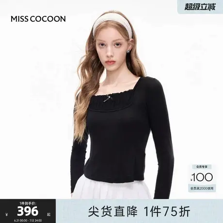 MISSCOCOON黑色针织衫女2025秋季新款复古修身显瘦方领打底衫图片