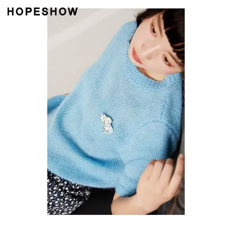 红袖outlets兔子徽标泡泡袖针织衫hopeshow2023秋款圆领套头短袖商品大图