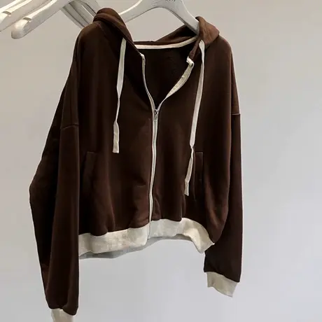 撞色拉链开衫长袖卫衣女秋季百搭宽松显瘦韩版休闲连帽上衣外套潮商品大图