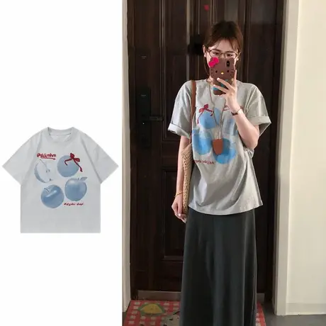 美式学院风小众苹果印花短袖t恤女2025夏季宽松纯棉vintage上衣服图片