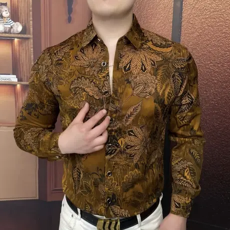 欧货秋季男士垂感长袖衬衫时尚潮流印花衬衣发型师休闲打底衫上衣商品大图