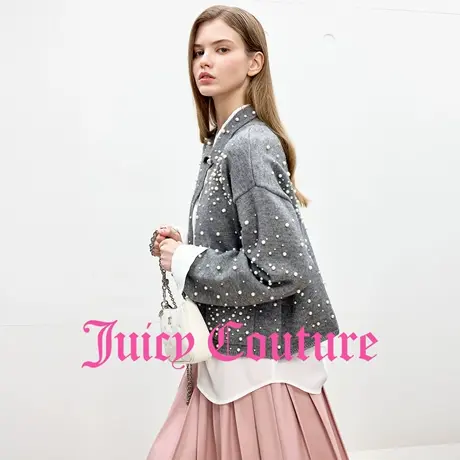 Juicy Couture橘滋外套女2025年秋季新款珠饰灰色翻领针织开衫商品大图
