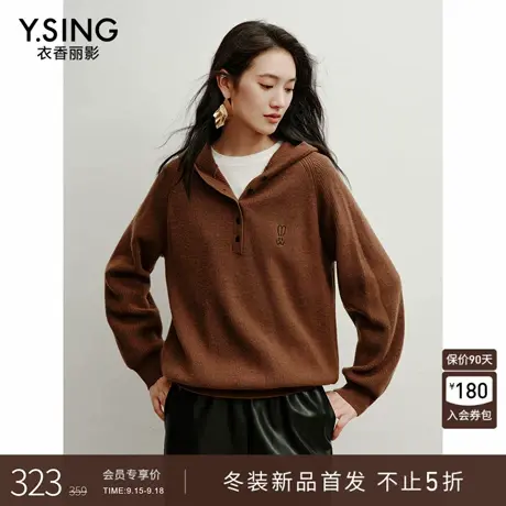 衣香丽影100%羊毛连帽针织衫女2025冬装新款宽松软糯韩系刺绣上衣商品大图
