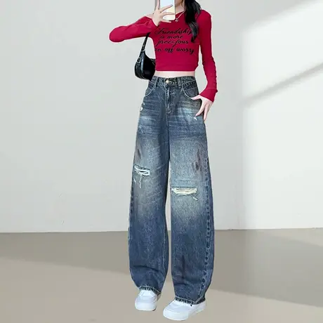 美式抹漆破洞阔腿牛仔裤女秋季新款高腰宽松显瘦废土风老爹弯刀裤商品大图