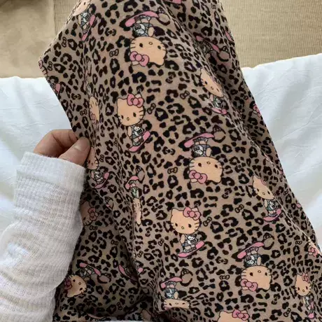 美式复古ins豹纹黑皮Kitty全棉双层纱长裤柔软亲肤家居裤可外出图片