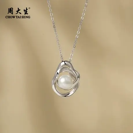 周大生交错流线珍珠毛衣链925银扁圆强光淡水珍珠项链礼物商品大图