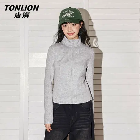 唐狮灰色立领开衫外套女2026新款春秋款小个子修身显瘦短款上衣VB图片