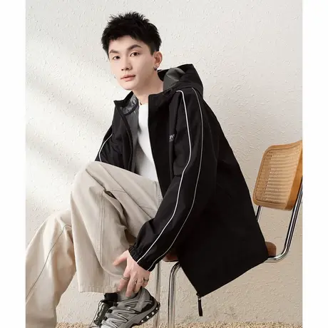 唐狮秋季新款男连帽外套黑色简约工装上衣冲锋少年夹克上衣潮TM图片