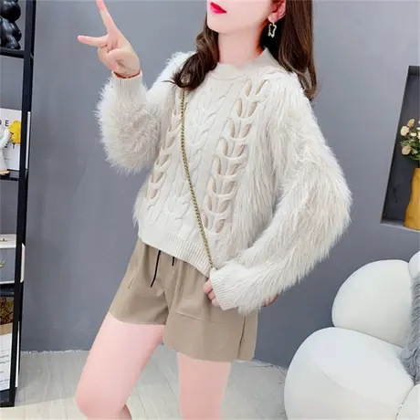 短款小个子毛毛圆领毛衣女秋冬2023年新款宽松洋气设计感打底上衣商品大图