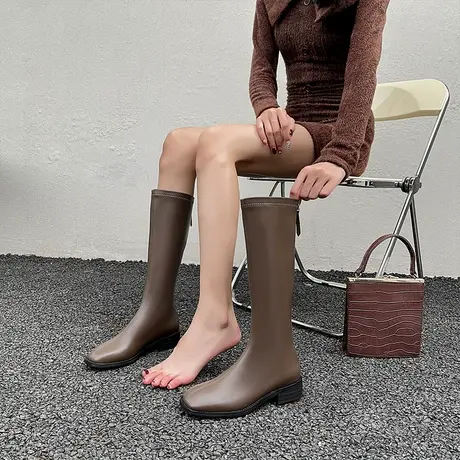 棕色长筒靴女粗跟2023年新款春秋方头单靴大筒围小个子不过膝长靴图片