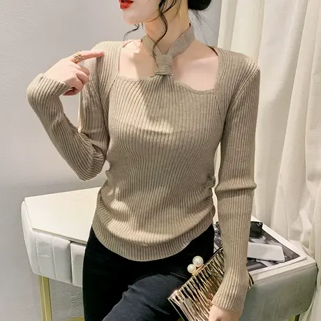 加厚挂脖立领套头毛衣女长袖性感镂空内搭上衣洋气修身显瘦针织衫商品大图