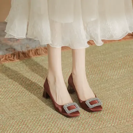 方头水钻粗跟高跟鞋设计感小众2023年春秋季新款单鞋女中跟不累脚商品大图