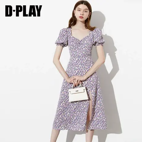 Dplay夏季新款紫藤油画法式复古法式宫廷领收腰泡泡袖连衣裙图片