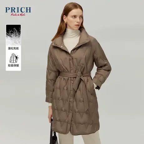PRICH23冬新款90%鸭绒几何压线修身腰带蓬松保暖中长款羽绒服女图片