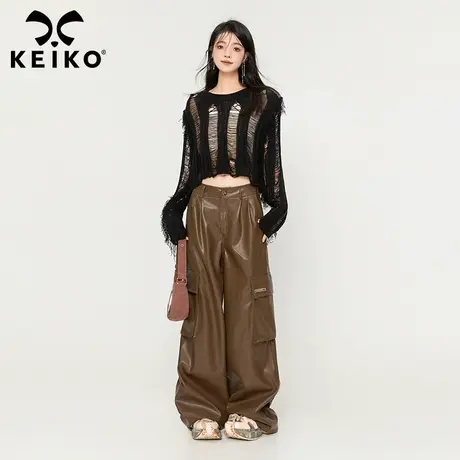 KEIKO 纯欲风个性镂空流苏边针织衫女2024早春甜辣妹性感毛衣上衣图片