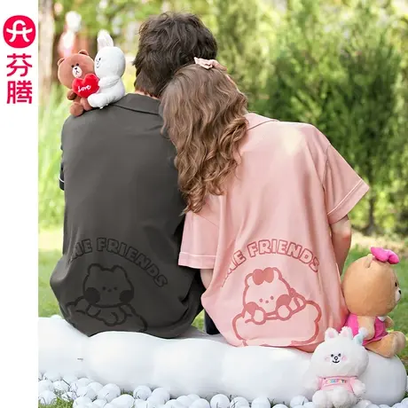 芬腾布朗熊情侣睡衣凉感纯棉短袖女士套装夏季男士青年抗菌家居服商品大图