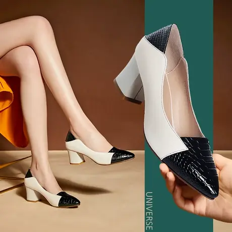 妈妈鞋女士婚礼大码41-43皮鞋女尖头真皮40粗跟中跟红色单鞋商品大图