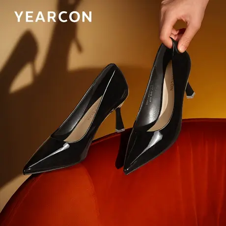 意尔康高跟鞋女2024年新款春漆皮尖头性感细跟单鞋黑色职业工作鞋图片