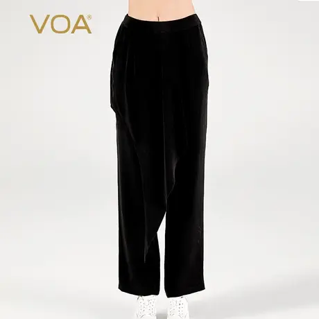 VOA30姆米重磅厚桑蚕丝不对称拼接设计自然腰侧口袋真丝阔腿长裤图片