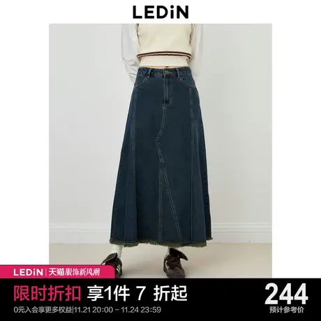 乐町新品多条开叉嵌褶复古牛仔长裙2023年秋季休闲时尚女生半身裙图片