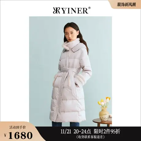 YINER音儿线上专选女装2023冬季轻盈保暖长款连帽米色羽绒服商品大图