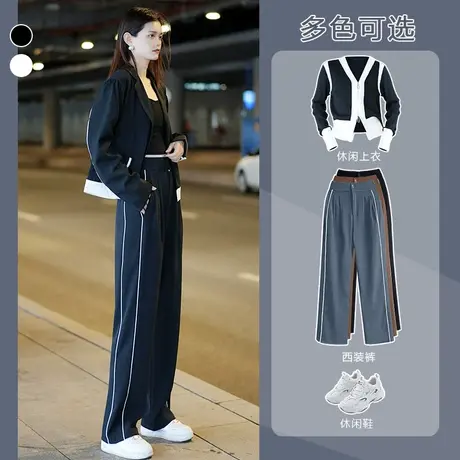 阔腿裤女2023年春季新款高腰垂感宽松休闲条纹西装裤直筒拖地裤子图片