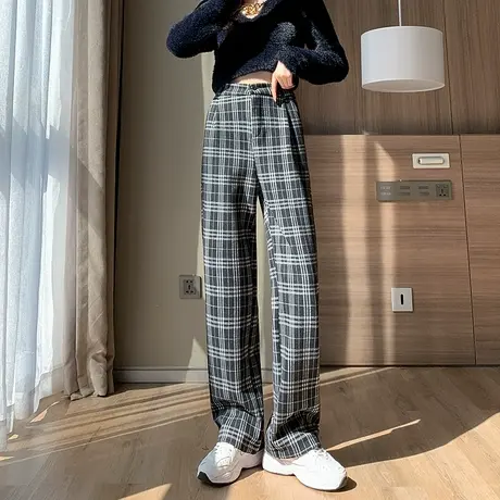 加绒黑白格子裤子女春秋季宽松直筒休闲2024年新款秋冬季阔腿长裤商品大图